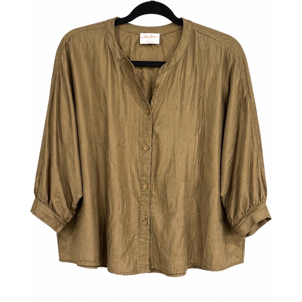 Allie Rose Small Olive Crinkle Rayon Blouse Boho Coastal Quiet Luxury 3/4 Sleeve